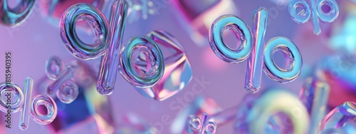 3D illustration of a transparent glass percent symbol, floating in the air with iridescent reflections and soft pastel gradients. Futuristic minimalistic concept for discounts, sales, banner 