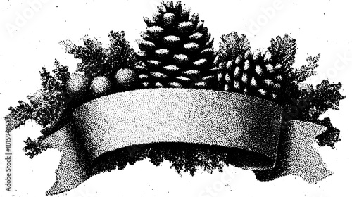 Decorative banner vector illustration featuring pinecones and leaves. Black and white design with a classic style, suitable for various uses.