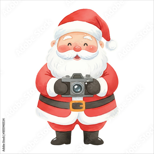 Watercolor Santa Claus photographer holding camera, Christmas vector illustration isolated on white
