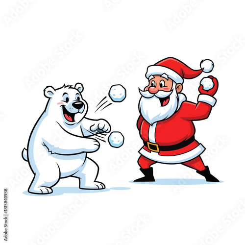 Santa Claus enjoys a fun snowball fight with a friendly polar bear in a playful winter scene