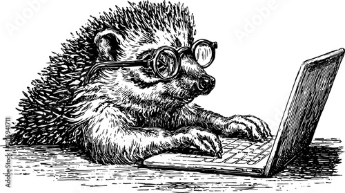 Hedgehog with glasses using a laptop. Black and white vector illustration depicting a quirky character in a creative setting.