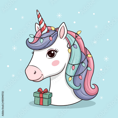 Festive unicorn with holiday lights and cute gift box brings magical Christmas cheer for children's designs