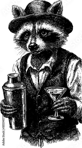 Raccoon bartender holding a shaker and a martini glass. Vintage vector illustration featuring a dapper character in a humorous style.