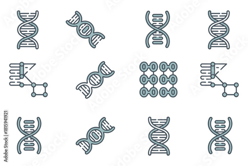Genetics icons, detailed DNA helix, molecular structure, gene sequencing, lattice diagram, science research flat vector set.