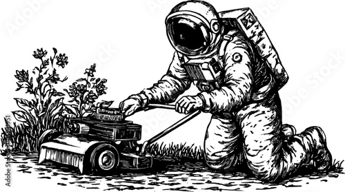 Astronaut using a lawnmower in a garden. Black and white vector illustration featuring plants and outdoor elements in a unique set.