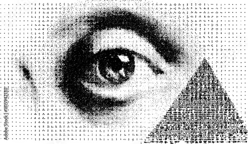 Eye illustration with geometric pyramid design in a black and white halftone pattern. A modern abstract vector set that emphasizes visual art.