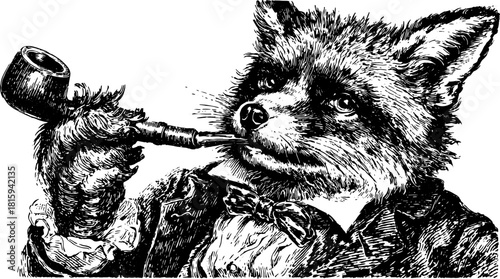 Fox illustration in vintage style, featuring a dapper creature with a pipe and bowtie. This vector artwork showcases classic and detailed illustration.