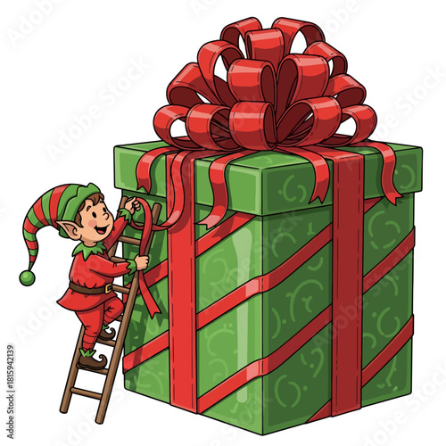 Cheerful Christmas elf on ladder decorating giant gift box with red ribbon and bow for holiday season
