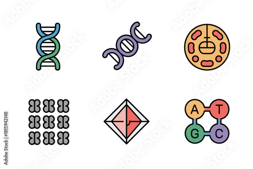 Genetic research visuals, DNA helix, molecular lattice, gene coding, cell structures, full color biology diagram vector.