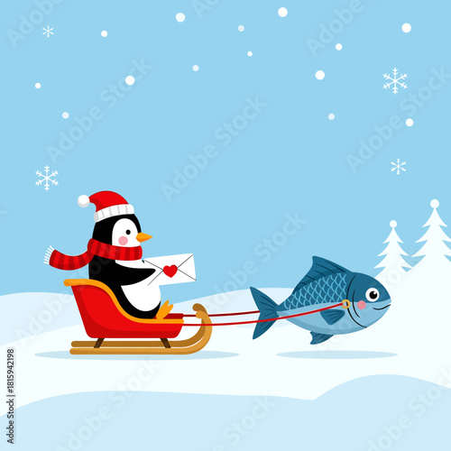 Adorable penguin delivering love letters in a sleigh pulled by a fish through a snowy winter wonderland