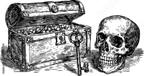 Treasure chest with coins, key, and skull in a vintage black-and-white outline style. Set of detailed vector illustration for various uses.