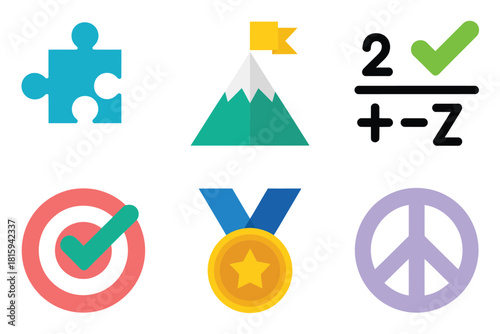 Goal setting elements, target, medal, peace symbol, puzzle, math, success achievement flat illustration vector pack.