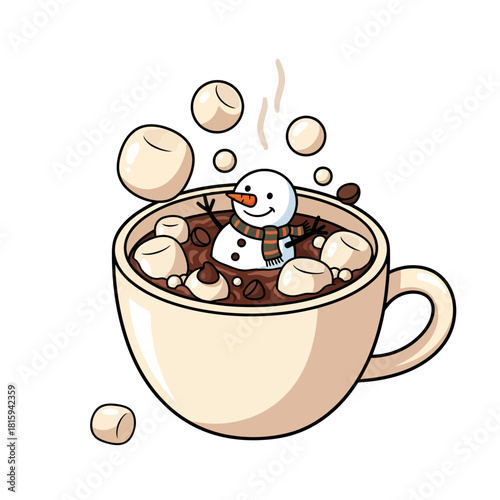 Enjoying winter's warmth with a snowman relaxing in a cup of hot chocolate with marshmallows