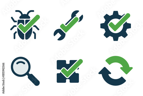 Quality control symbols, detailed checkmark, bug fix, wrench, gear, magnifying glass, process management flat vector set.