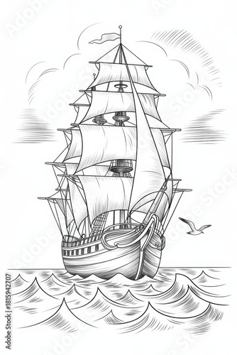 Sailing ship line art vector, vintage tall ship sketch on the sea, nautical vessel drawing artwork