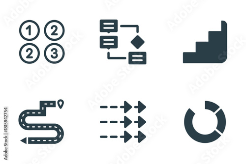 Workflow management symbols, curved path, numbered steps, staircase, process automation flat illustration vector pack.