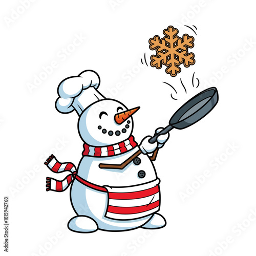Cheerful snowman chef flips snowflake cookie with pan, perfect for winter holiday baking projects and fun designs