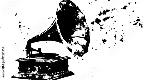 Gramophone in vintage style, black and white vector illustration. Classic audio device set showcasing retro musical equipment.