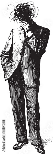 Vintage line drawing of a man in a suit, shown in black and white outline. The vector illustration features thoughtful expression and artistic details.