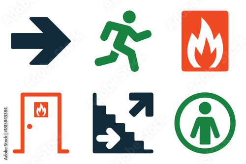Safety signage collection, right arrow escape route, running man icon, flame symbol, doorway fire warning, stair direction