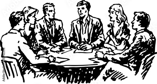 Meeting of six professionals discussing at a round table. Black and white vector illustration of group collaboration in a business context.