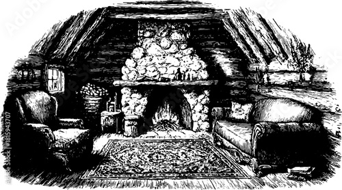 Fireplace in vintage room. Silhouette set of furniture and decor features a cozy space with a couch, chair, and intricate carpet in a vector illustration.