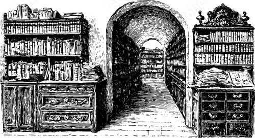 Vintage library vector illustration showing bookshelves filled with books. Detailed set of an archive room with classic furnishings and an organized layout.