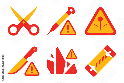 Cutting tools hazard icons, sharp scissors, utility knife blades, warning triangles, broken glass shards, caution exclamation symbol