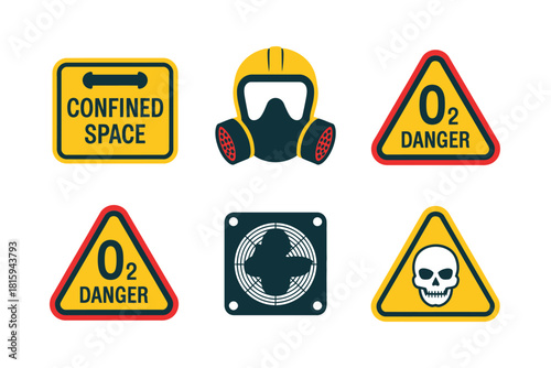Hazardous atmosphere signage bundle, confined space label, respirator mask, oxygen danger, ventilation fan, poison skull emblem