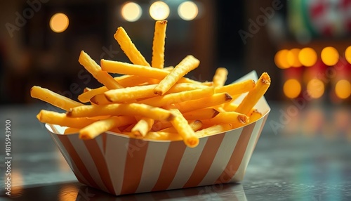 Golden french fries piled high in a paper boat,   thick-cut fries,  background