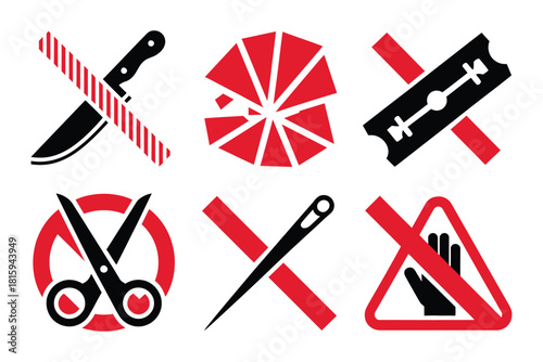 Cutting hazard symbols, circular saw danger, razor blade warning, no scissors allowed, triangle alerts, industrial safety icons
