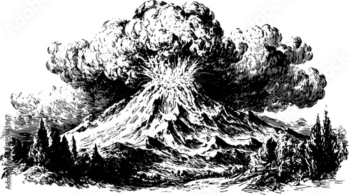 Black line drawing of a volcano eruption with clouds and smoke. This antique illustration depicts a vintage landscape in a vector set.