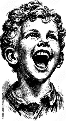 Boy laughing in a vintage silhouette style. A hand-drawn vector illustration showcasing joy and exuberance in a retro set.