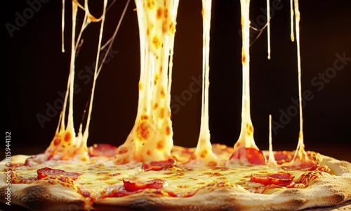 Delicious hot pizza with melted cheese stretching from above, a mouthwatering Italian food delight