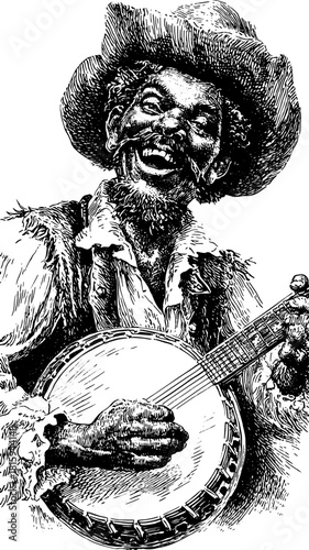 Vintage engraving of a man playing a banjo. Detailed black hand-drawn illustration, a representation of traditional music culture, vector design.