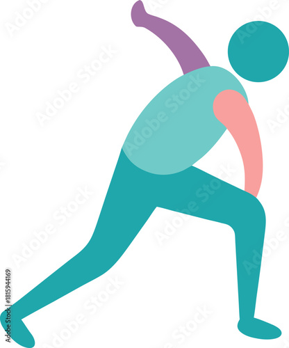 Teal and purple figure in yoga warrior pose stretching