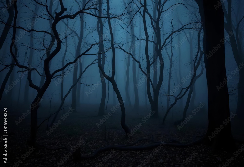 Obraz premium Dark, atmospheric forest scene with gnarled trees and fog, design, night