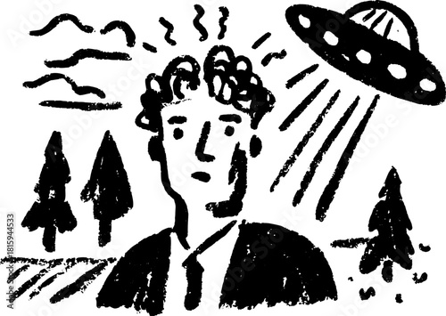 Silhouette of a man with curly hair in a hand-drawn style. Cartoon illustration with trees, clouds, and a UFO in a vector format.
