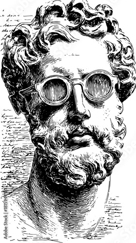 Engraved print of a classic bust silhouette. A hand-drawn vector illustration showcasing intricate details and shading in black and white.