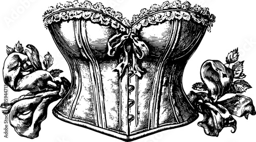 Vintage corset engraving. Black hand-drawn illustration with floral elements, suitable for various design applications as vector art.