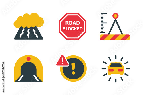 Weather alert and closure signs, heavy storm cloud, road blocked stop, tunnel warning, siren beacon, hazard exclamation