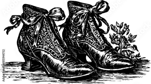 Vintage shoes with intricate designs and bows. Hand-drawn vector illustration featuring elegant detailing and floral accents in a classic style.