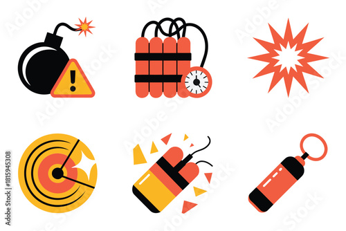 Explosive hazard icons, bomb with fuse, dynamite bundle, burst explosion, target detonation, firecracker torch lighter, safety vector set