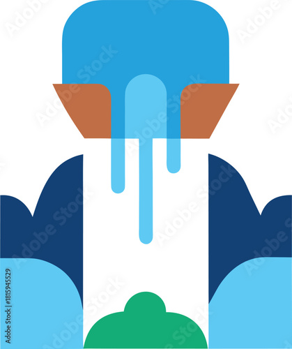 Abstract blue water falling over brown ledge onto green shape