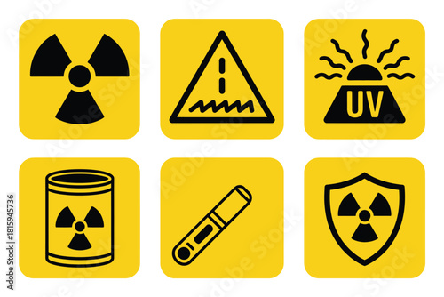 Radiation warning tiles, square labels, radioactive symbol, uv caution, sealed barrel, containment canister, dosimeter tube, industrial safety vector