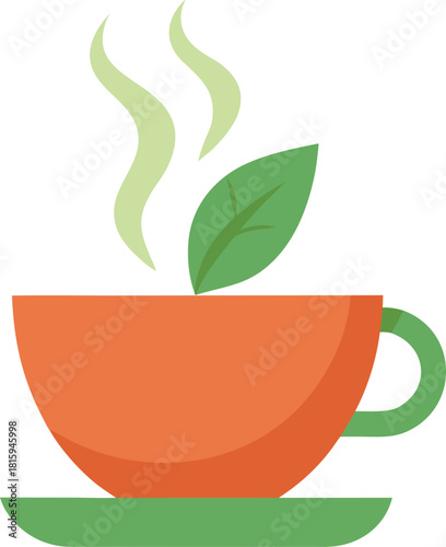 Orange teacup with green saucer and steam hot drink