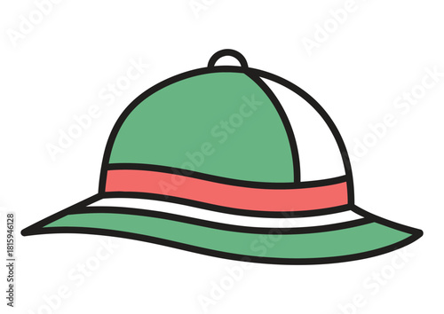 Green pith helmet with a red band perfect for safari adventures and sunny expeditions under the bright sky offering shade and style