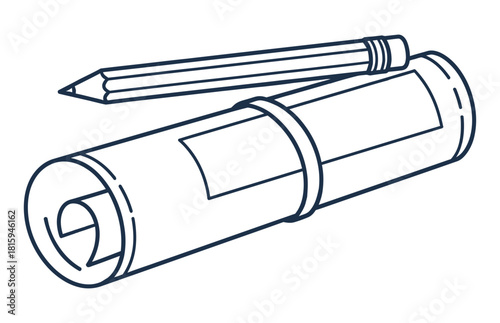 Blueprint scroll with pencil resting on top showcasing architectural design and planning for construction projects and engineering innovation