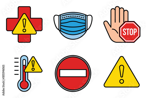 Emergency health signs collection, medical cross, protective mask, stop hand, thermometer icon, do not enter, caution triangle