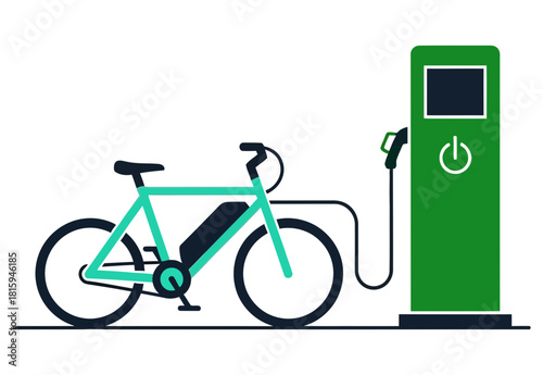 Electric bicycle charging at a green station promoting sustainable transportation and eco friendly commuting in the city environment